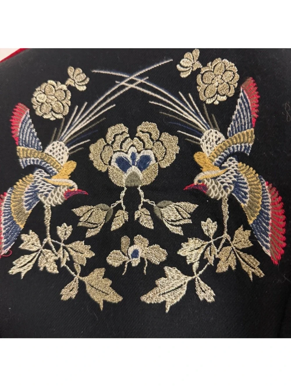 Black Embroidered Military-Style Jacket with Red Trim